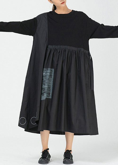 Robe ample en coton à imprimé asymétrique noir à manches longues AA1010