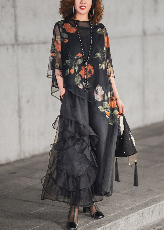 Black Tulle Pieces Two Ruffled Set Asymmetrical Loose Half Print
