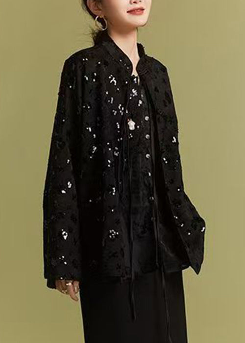 Loose Black Chinese Button Sequins Coats Fall