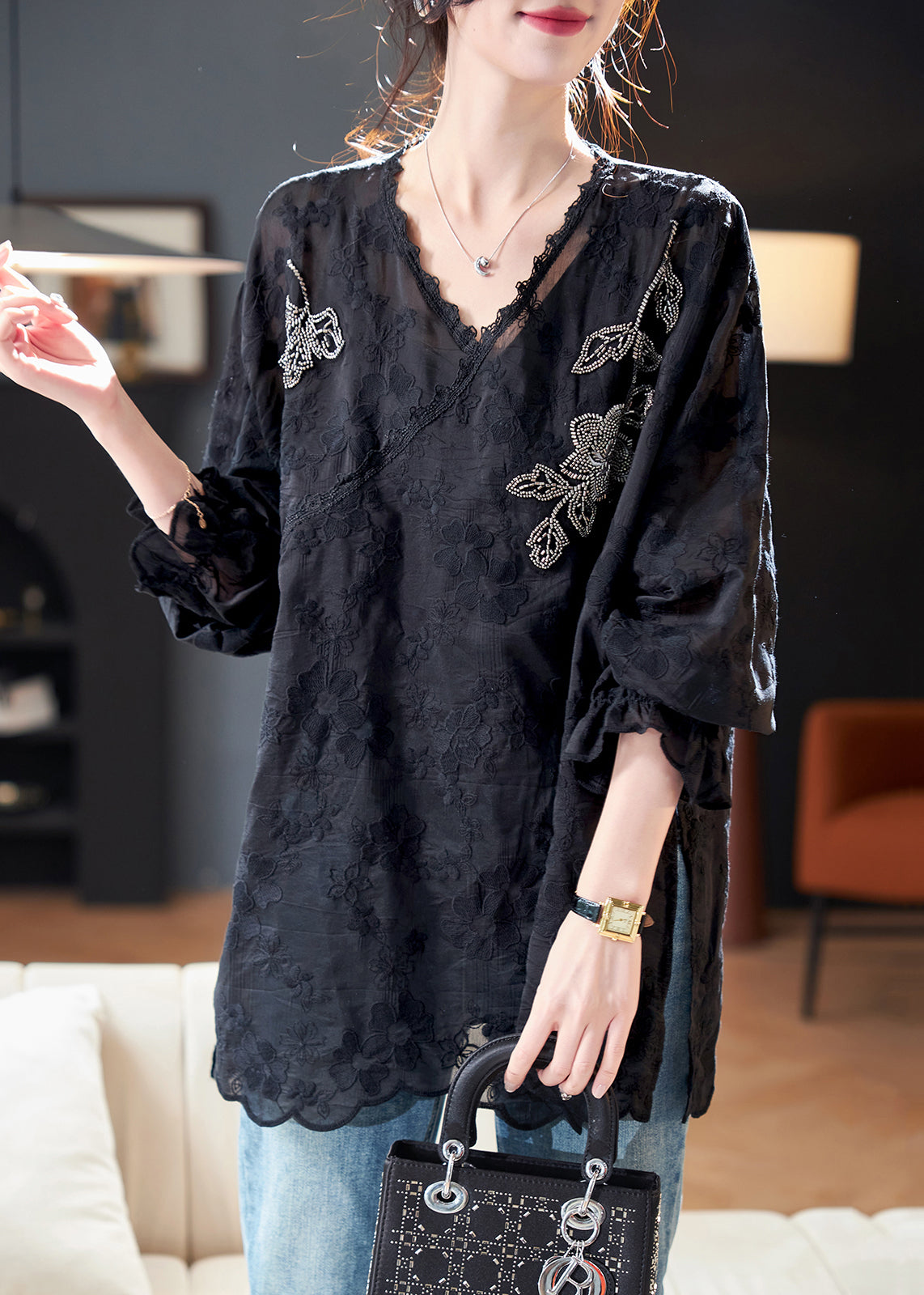 Loose Black Embroidered Nail Bead Side Open Silk Cotton Tops Spring RZ038