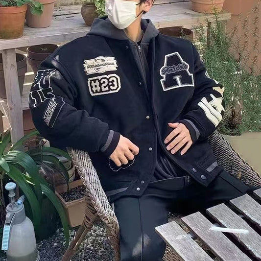 Loose Black Embroideried Patchwork Cotton Mens Coats Spring TC008