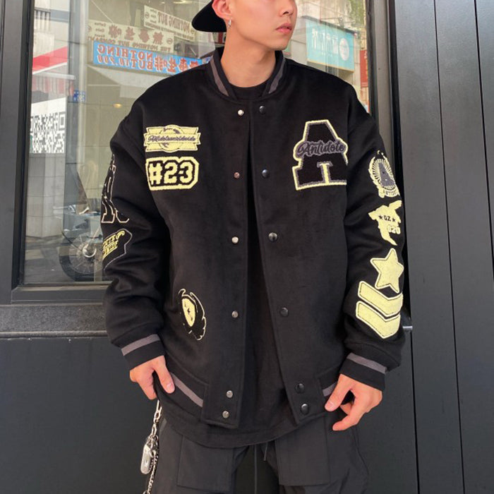 Loose Black Embroideried Patchwork Cotton Mens Coats Spring TC008