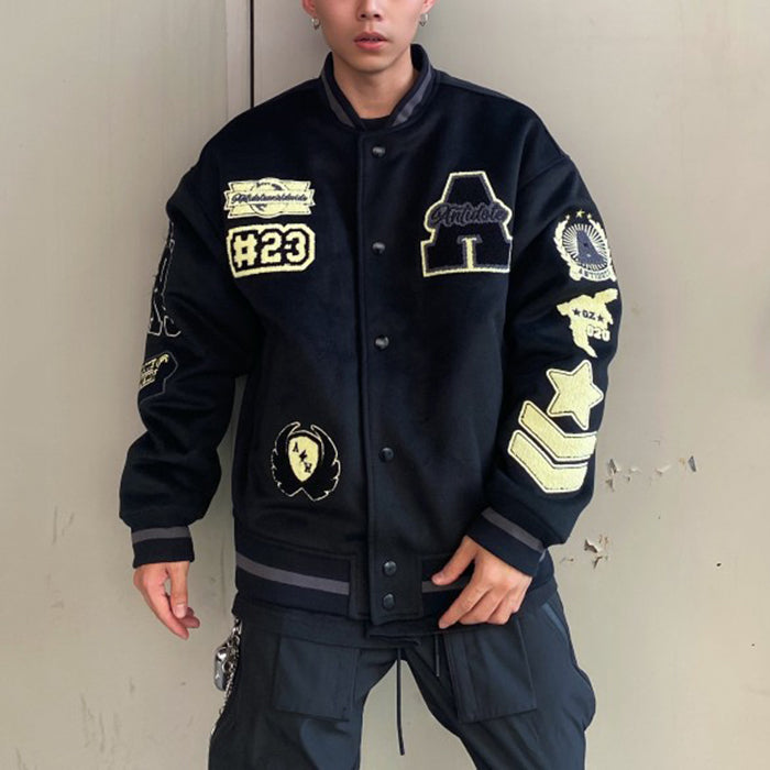 Loose Black Embroideried Patchwork Cotton Mens Coats Spring TC008