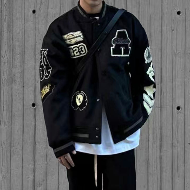 Loose Black Embroideried Patchwork Cotton Mens Coats Spring TC008