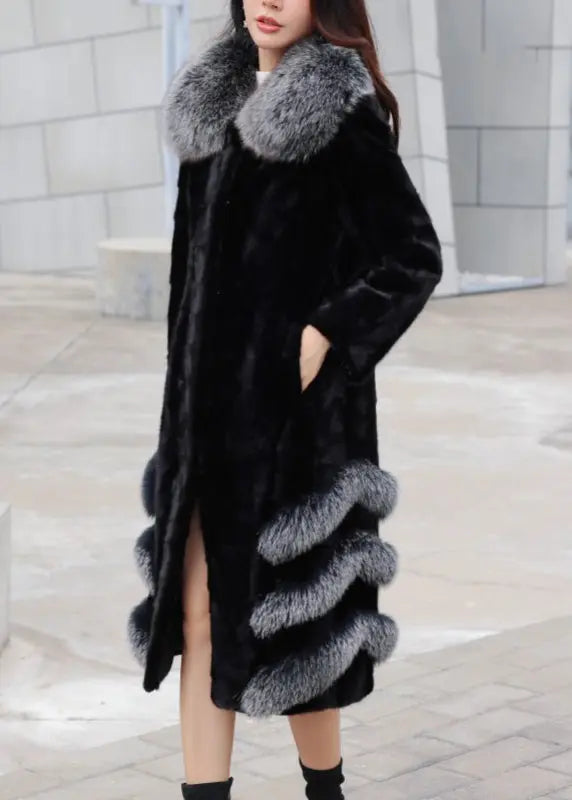 Loose Black Fox Collar Pockets Mink Hair Leather And Fur Long Coats Winter Ada Fashion