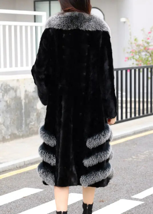 Loose Black Fox Collar Pockets Mink Hair Leather And Fur Long Coats Winter Ada Fashion