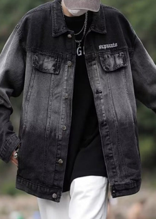 Loose Black Gradient Color Pockets Denim Mens Coats Spring TC044