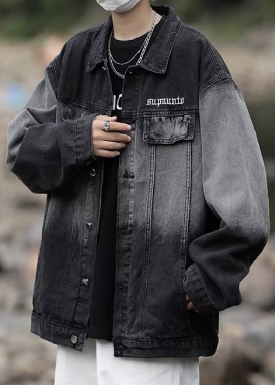 Loose Black Gradient Color Pockets Denim Mens Coats Spring TC044
