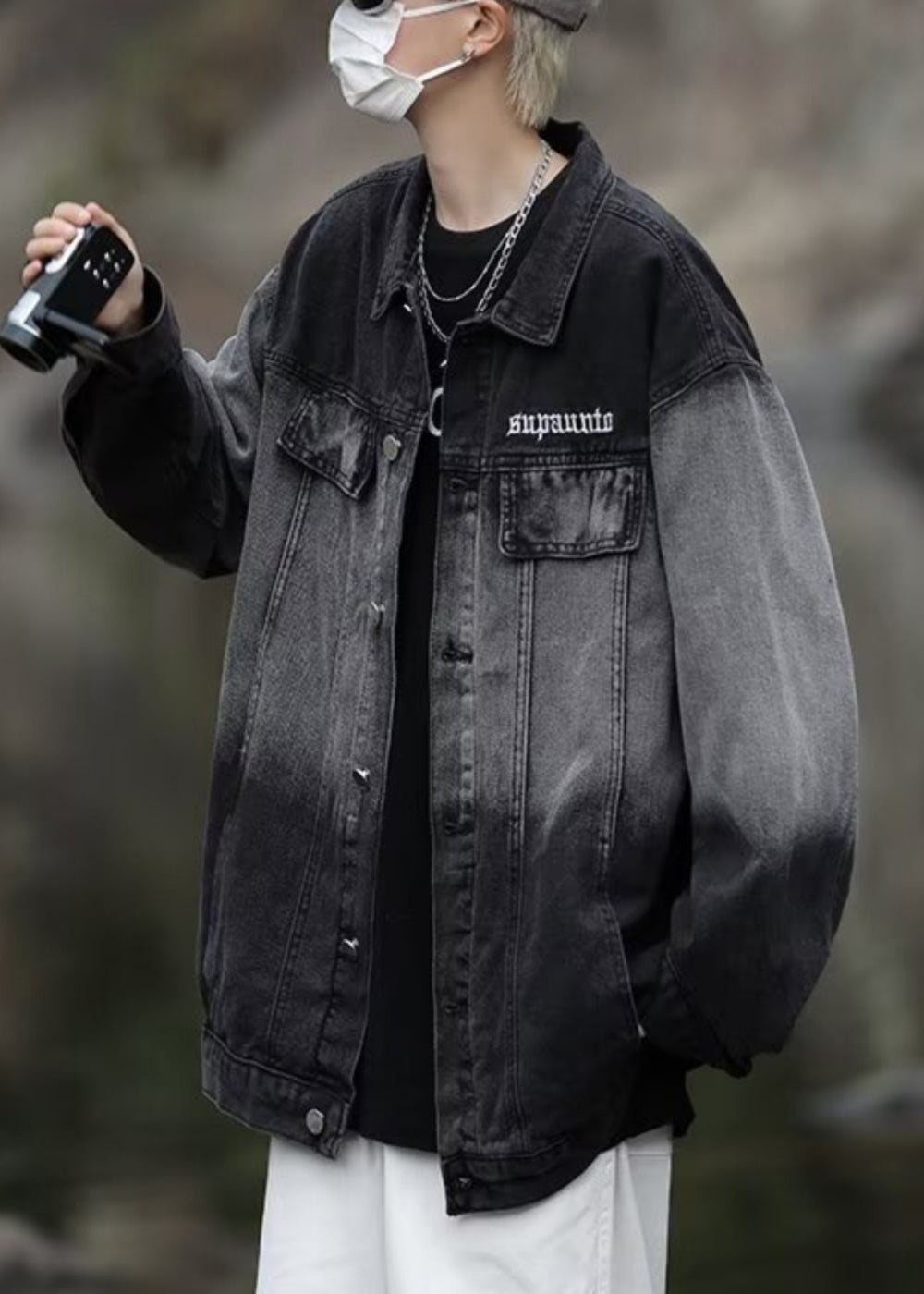 Loose Black Gradient Color Pockets Denim Mens Coats Spring TC044