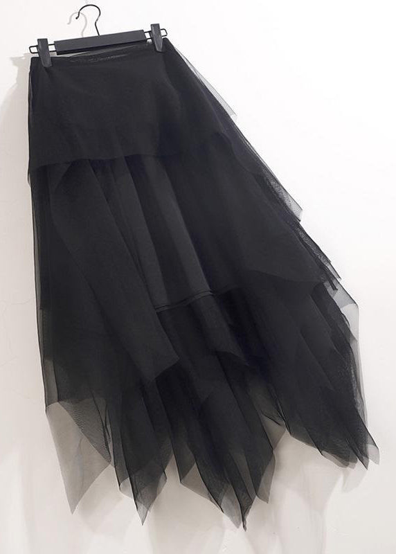 Loose Black Grey Asymmetrical Wrinkled Tulle Skirts Summer Ada Fashion