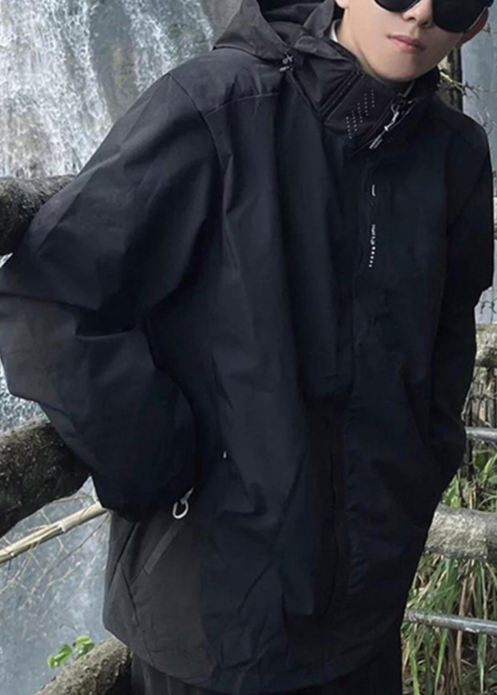 Solid Pockets Cotton Black Loose Hooded Men Spring Coat