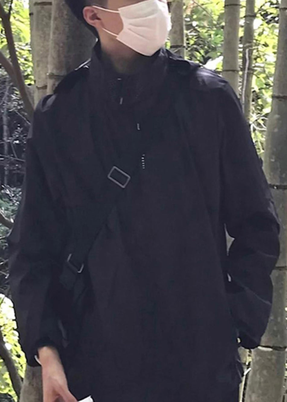 Solid Pockets Cotton Black Loose Hooded Men Spring Coat