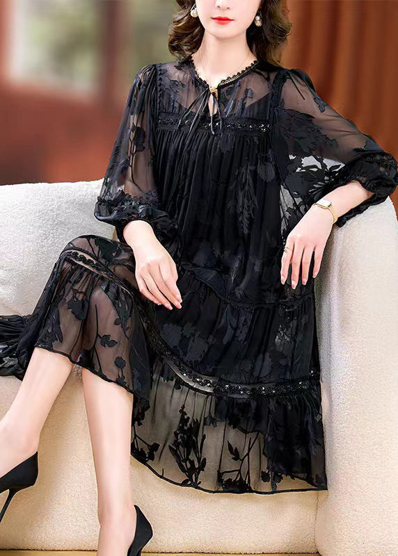 Loose Black Lace Up Lace Patchwork Silk Two Pieces Set Bracelet Sleeve OP1005