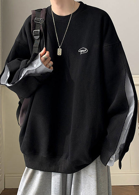 Loose Neck Men Black O Two Cotton Button Pieces Sweatshirt False
