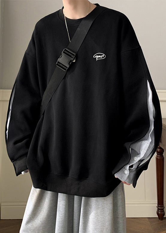 Loose Neck Men Black O Two Cotton Button Pieces Sweatshirt False