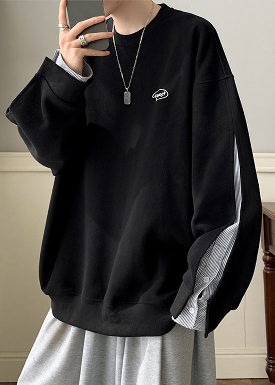 Loose Neck Men Black O Two Cotton Button Pieces Sweatshirt False