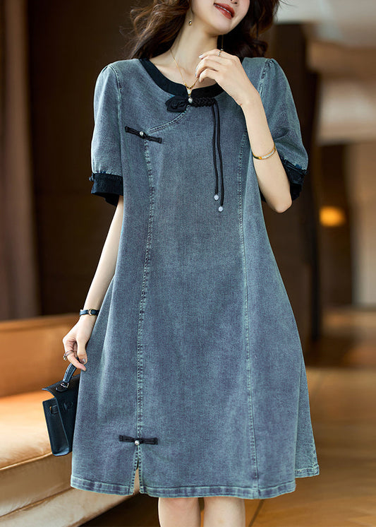 Loose Black O Neck Button Patchwork Denim Dress Summer GH1050