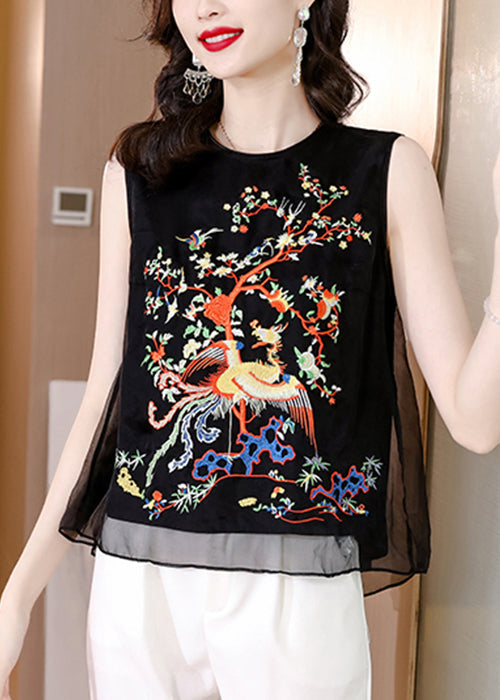 Loose Black O-Neck Embroidered Tulle Tank Sleeveless Ada Fashion