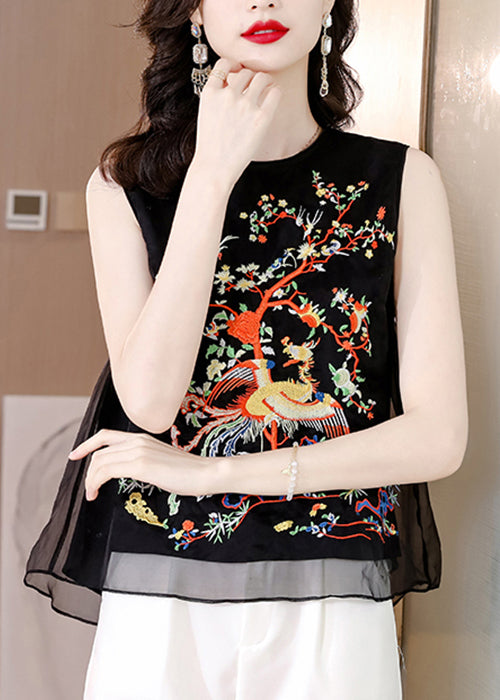 Loose Black O-Neck Embroidered Tulle Tank Sleeveless Ada Fashion