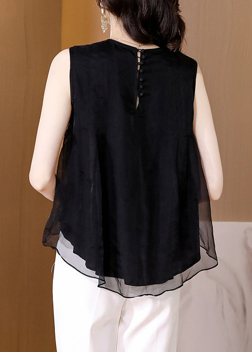 Loose Black O-Neck Embroidered Tulle Tank Sleeveless Ada Fashion