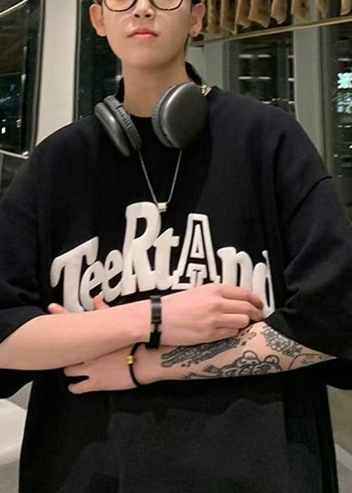 Solid Sleeve Cotton Loose Letter Half Black Neck Shirt O T Men