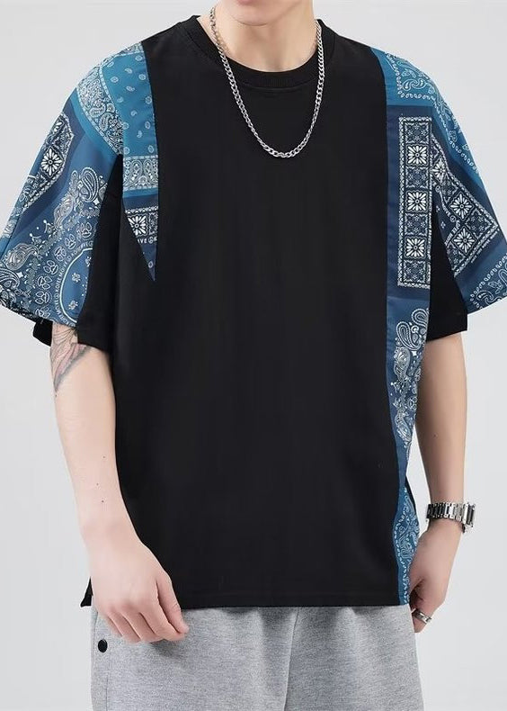 Loose T Cotton Shirt Black Mens Neck Summer O Patchwork