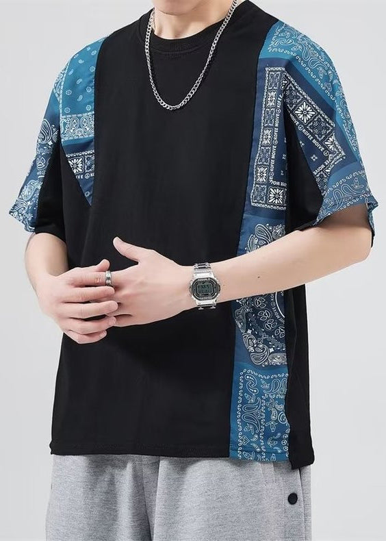 Loose T Cotton Shirt Black Mens Neck Summer O Patchwork