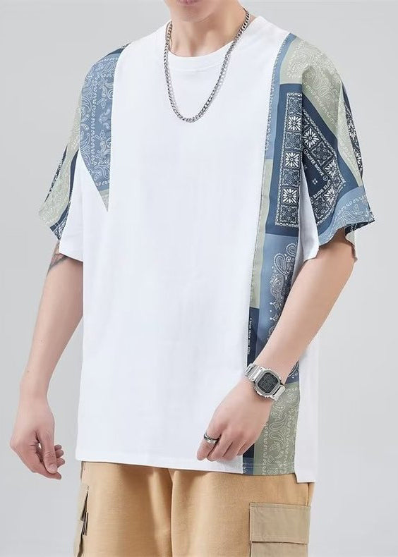 Loose T Cotton Shirt Black Mens Neck Summer O Patchwork