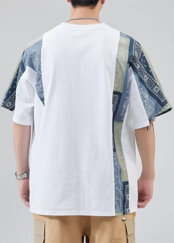 Loose T Cotton Shirt Black Mens Neck Summer O Patchwork