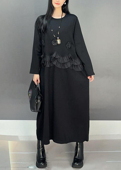 Loose Black O-Neck Ruffled Patchwork Cotton Long Dresses Fall