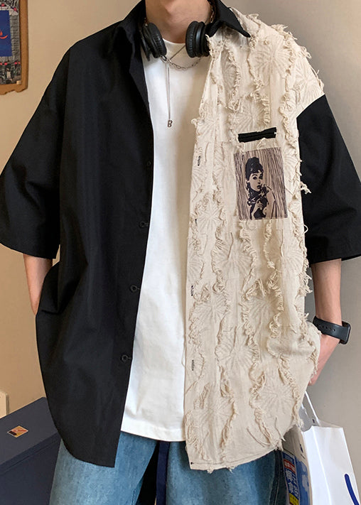 Original Black Half Loose Men Design Cotton Patchwork Shirts