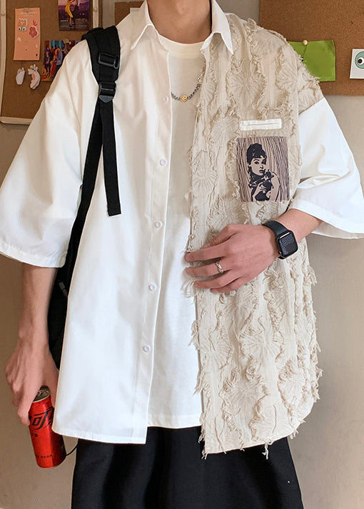 Original Black Half Loose Men Design Cotton Patchwork Shirts