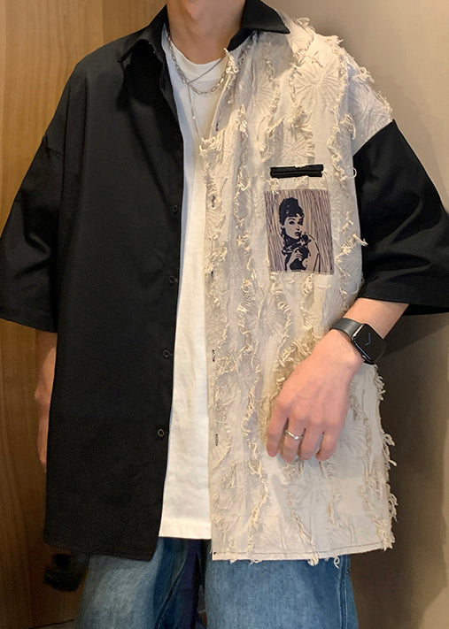 Original Black Half Loose Men Design Cotton Patchwork Shirts