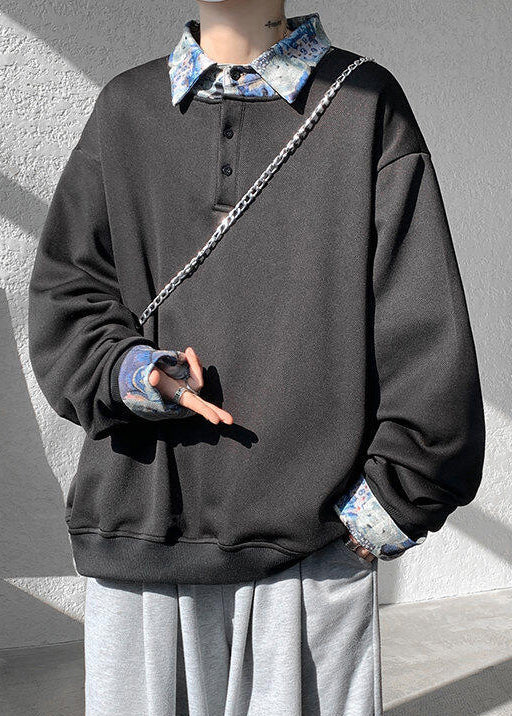 Collar Black Sweatshirts Peter Mens Pan Patchwork Cotton Loose