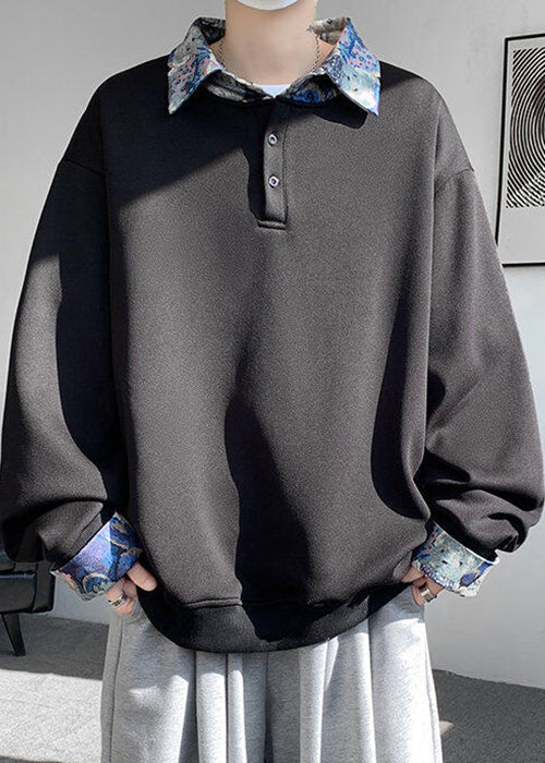 Collar Black Sweatshirts Peter Mens Pan Patchwork Cotton Loose