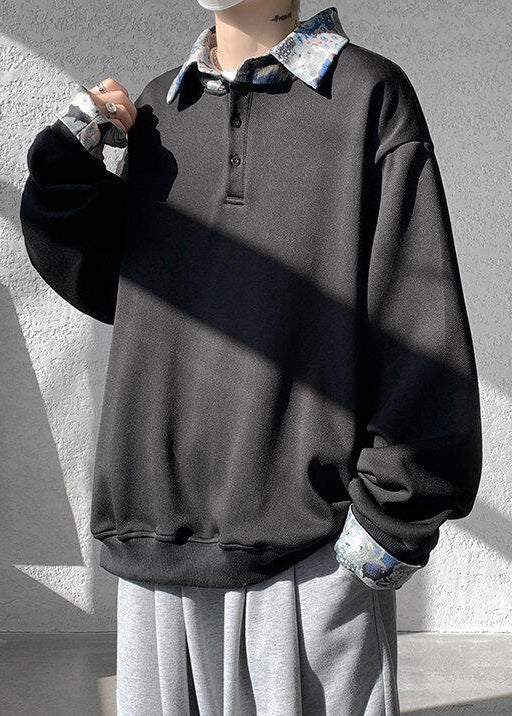Collar Black Sweatshirts Peter Mens Pan Patchwork Cotton Loose