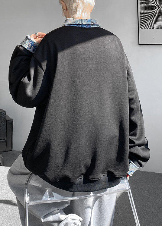 Collar Black Sweatshirts Peter Mens Pan Patchwork Cotton Loose