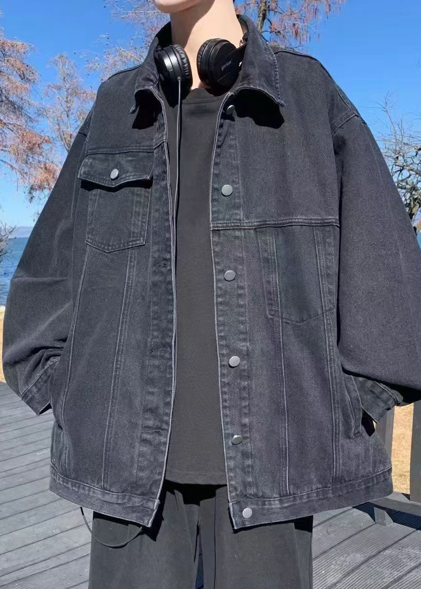 Pan Mens Denim Coats Pockets Loose Fall Peter Collar Black