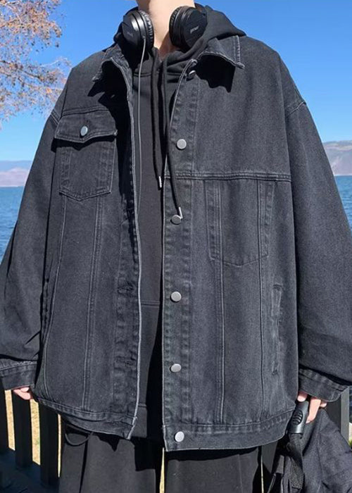 Pan Mens Denim Coats Pockets Loose Fall Peter Collar Black