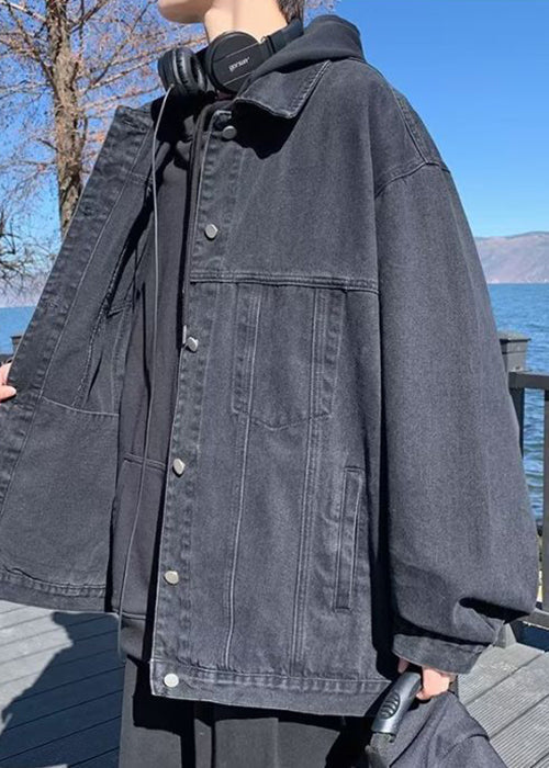 Pan Mens Denim Coats Pockets Loose Fall Peter Collar Black