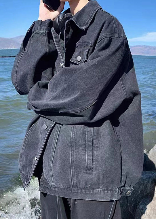 Pan Mens Denim Coats Pockets Loose Fall Peter Collar Black