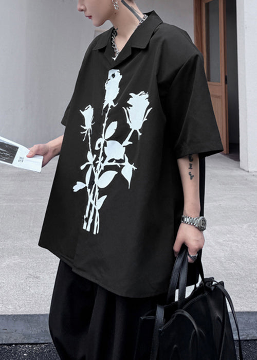 Print Black Pan Summer Cotton Loose Shirts Collar Men Peter