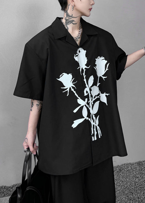 Print Black Pan Summer Cotton Loose Shirts Collar Men Peter