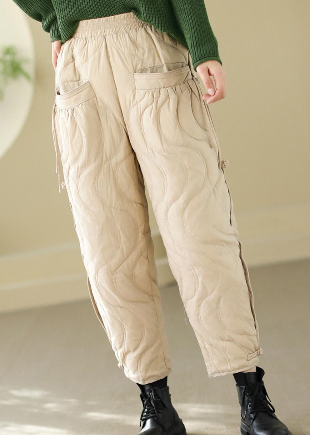 Loose Black Pockets Elastic Waist Thick Warm Pants Winter RK001