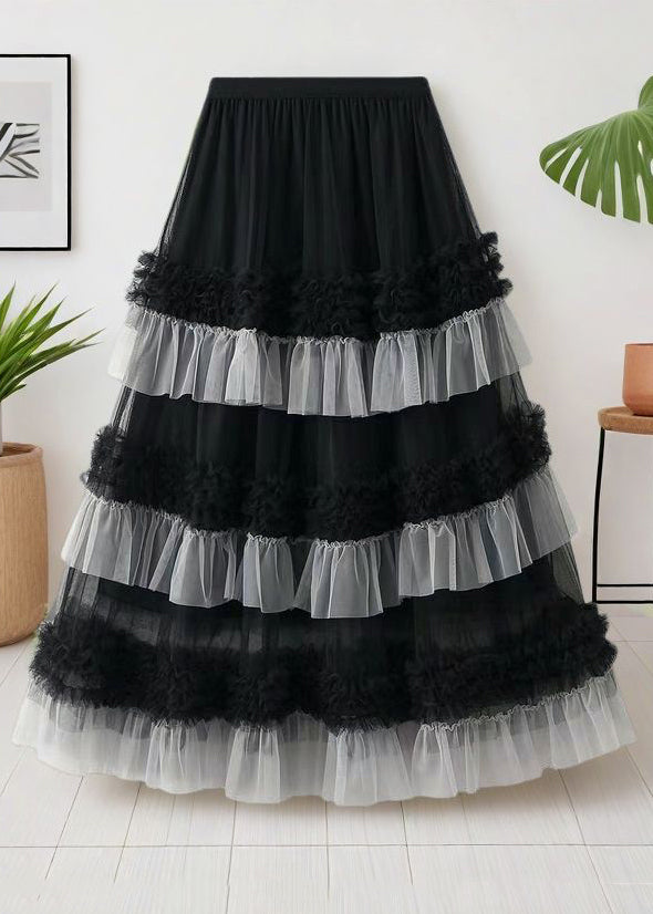 Elastic Loose Waist Summer Black Tulle Skirts Ruffled