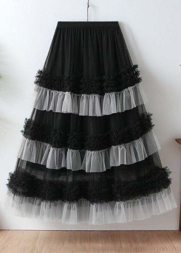 Elastic Loose Waist Summer Black Tulle Skirts Ruffled