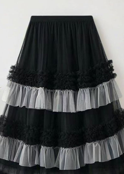 Elastic Loose Waist Summer Black Tulle Skirts Ruffled