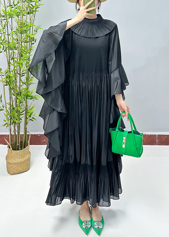 Loose Black Solid Ruffled Cotton Dresses Butterfly Sleeve AA1049