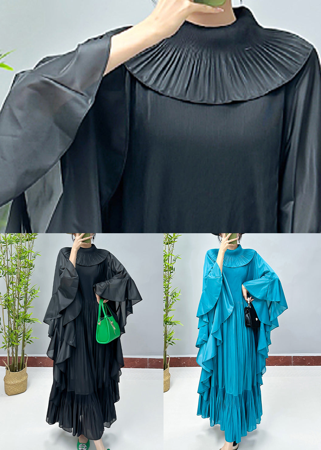 Loose Black Solid Ruffled Cotton Dresses Butterfly Sleeve AA1049