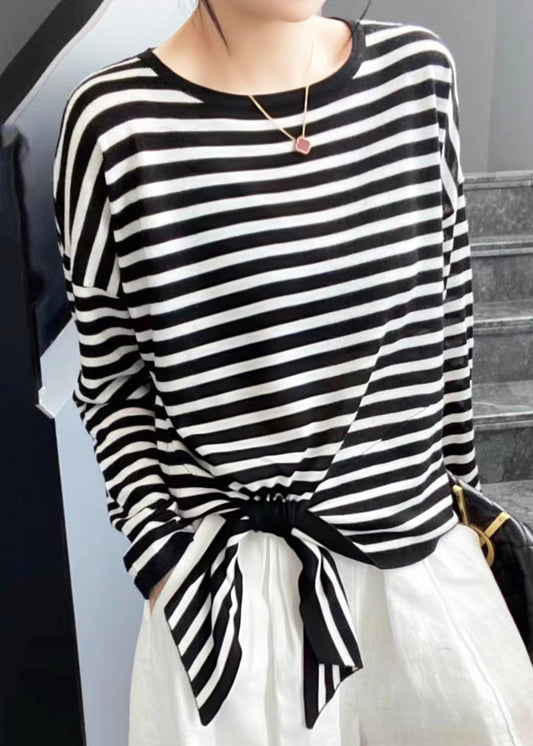 O Spring Cotton Shirt Neck T Striped Loose Lace Up Black